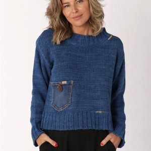 Shannon Passero Cotton Blue Knit Sweater with Pocket